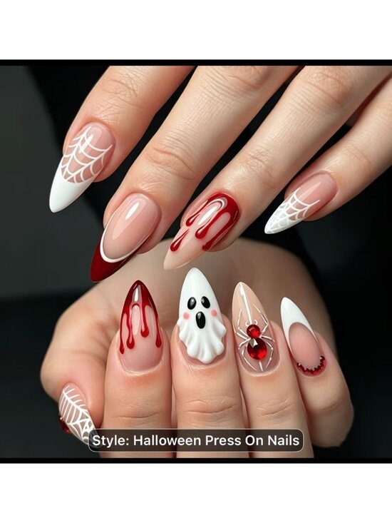 Press On Nails Other - Halloween Spider Web & Ghost Press-On Nails 24 Pcs Nude & White With Red Rhinest